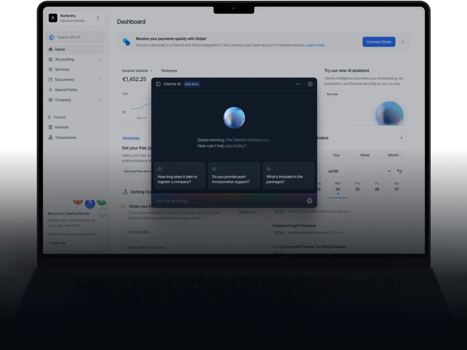 MacBook üzerinde gösterilen Clemta Intelligence paneli