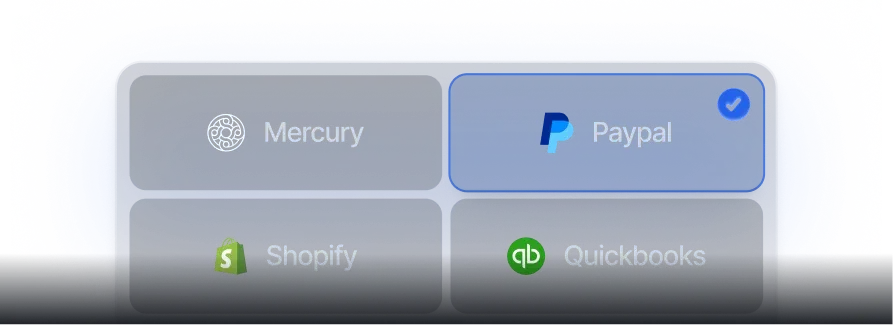 Bağlı hesaplar: Mercury, PayPal, Shopify, QuickBooks