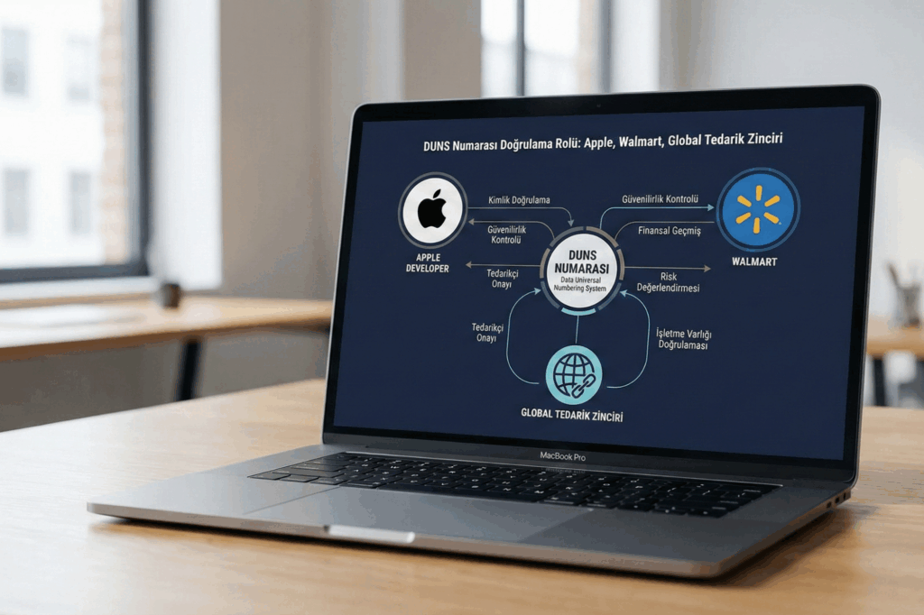 DUNS numarasının Apple Developer, Walmart ve global tedarik zincirindeki doğrulama rolünü gösteren şema