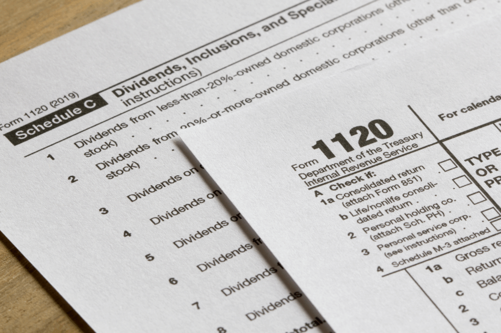 A close up view of IRS Form 1120 used for US corporate income tax returns